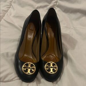 Tory Burch Black Heels with Gold Logo Accent